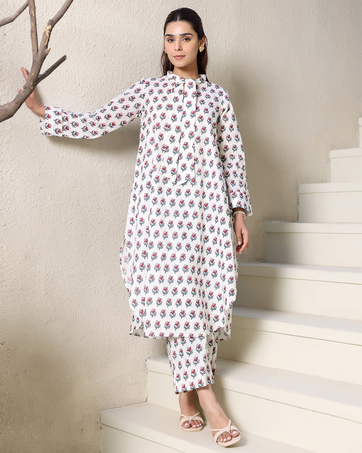 WHITE TIE-UP PRINTED KURTA SET