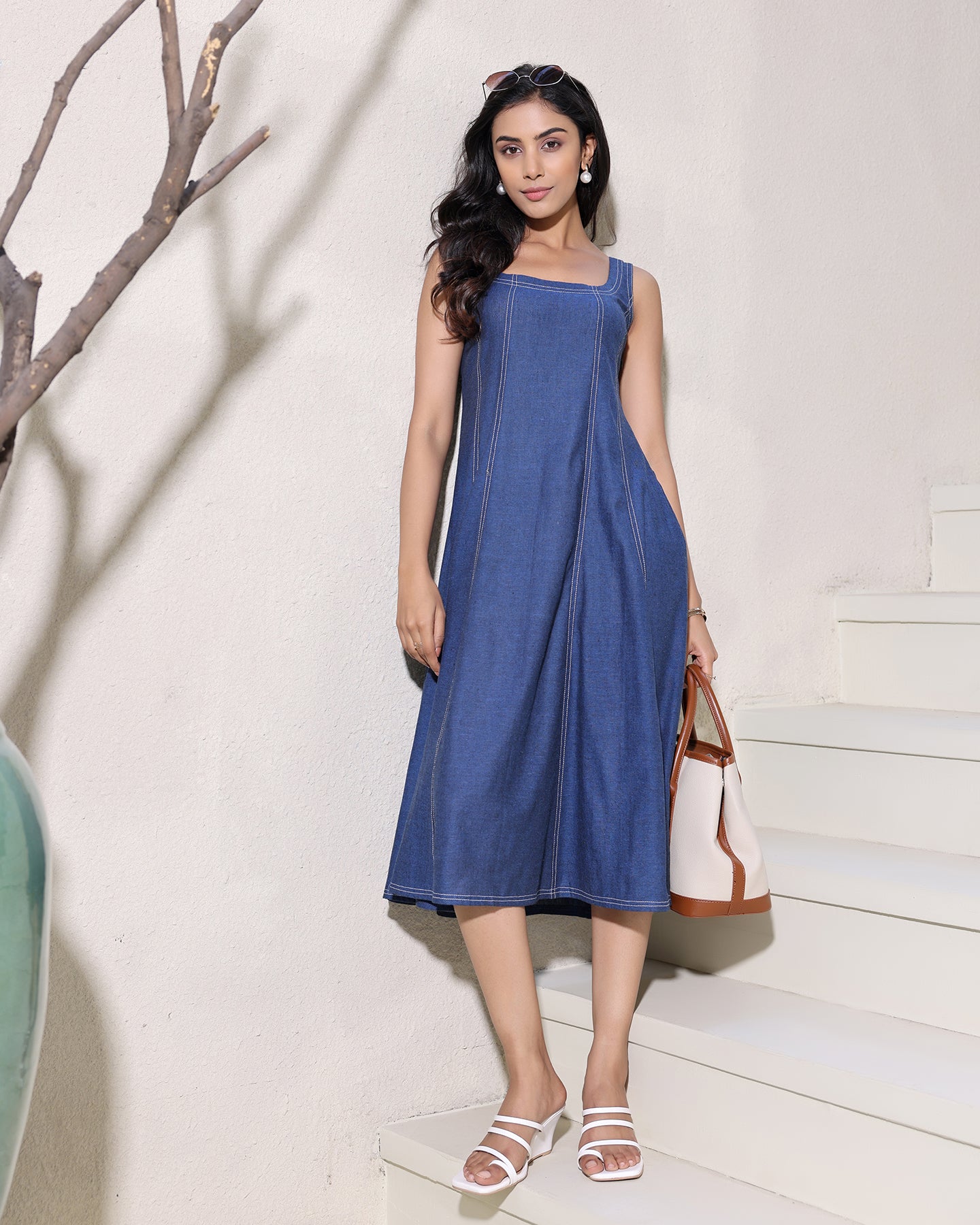 BLUE SQUARE NECK MIDI DRESS