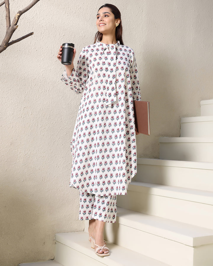 WHITE TIE-UP PRINTED KURTA SET