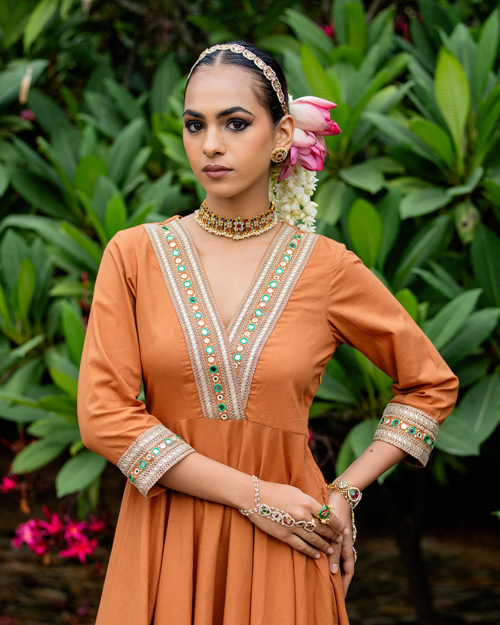 Rust Brown Mirror Work Kurta Set
