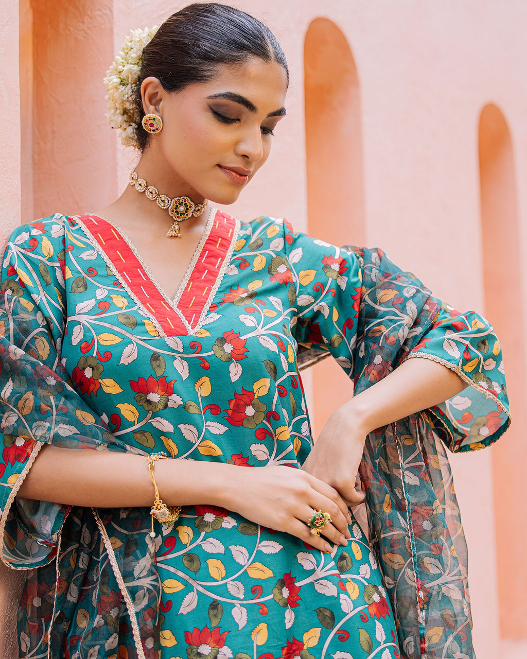 Green Floral Muslin Suit Set