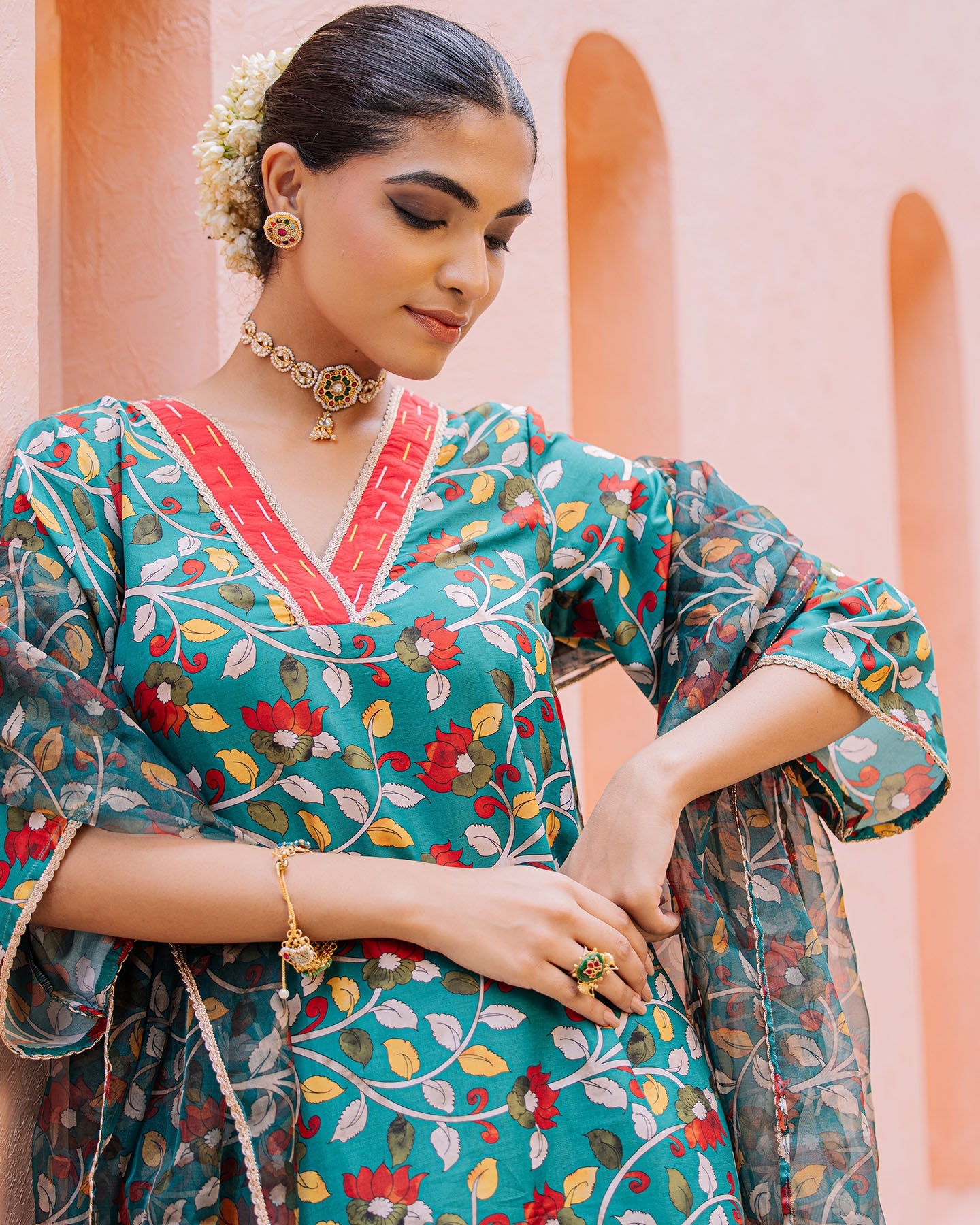 Green Floral Muslin Suit Set