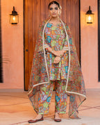 Orange Floral Muslin Suit Set
