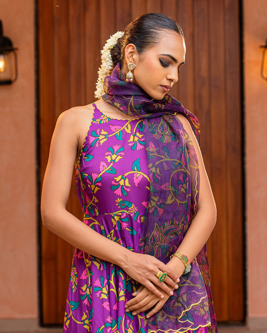 Purple Floral Muslin Suit Set