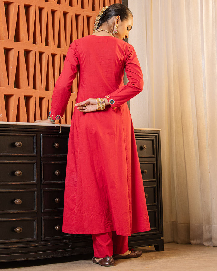 Vibrant Red Mirror Work Kurta Set