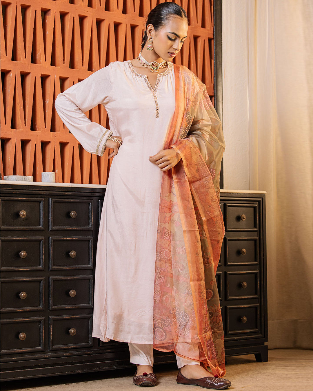 Solid mirror Chanderi Suit Set 