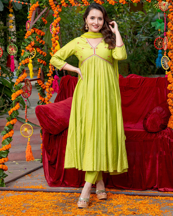 Neon Green Embroidered Suit Set