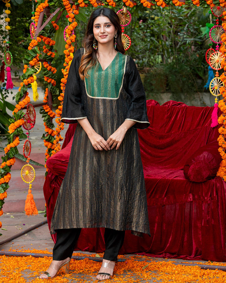 Black Chanderi Kurta Set