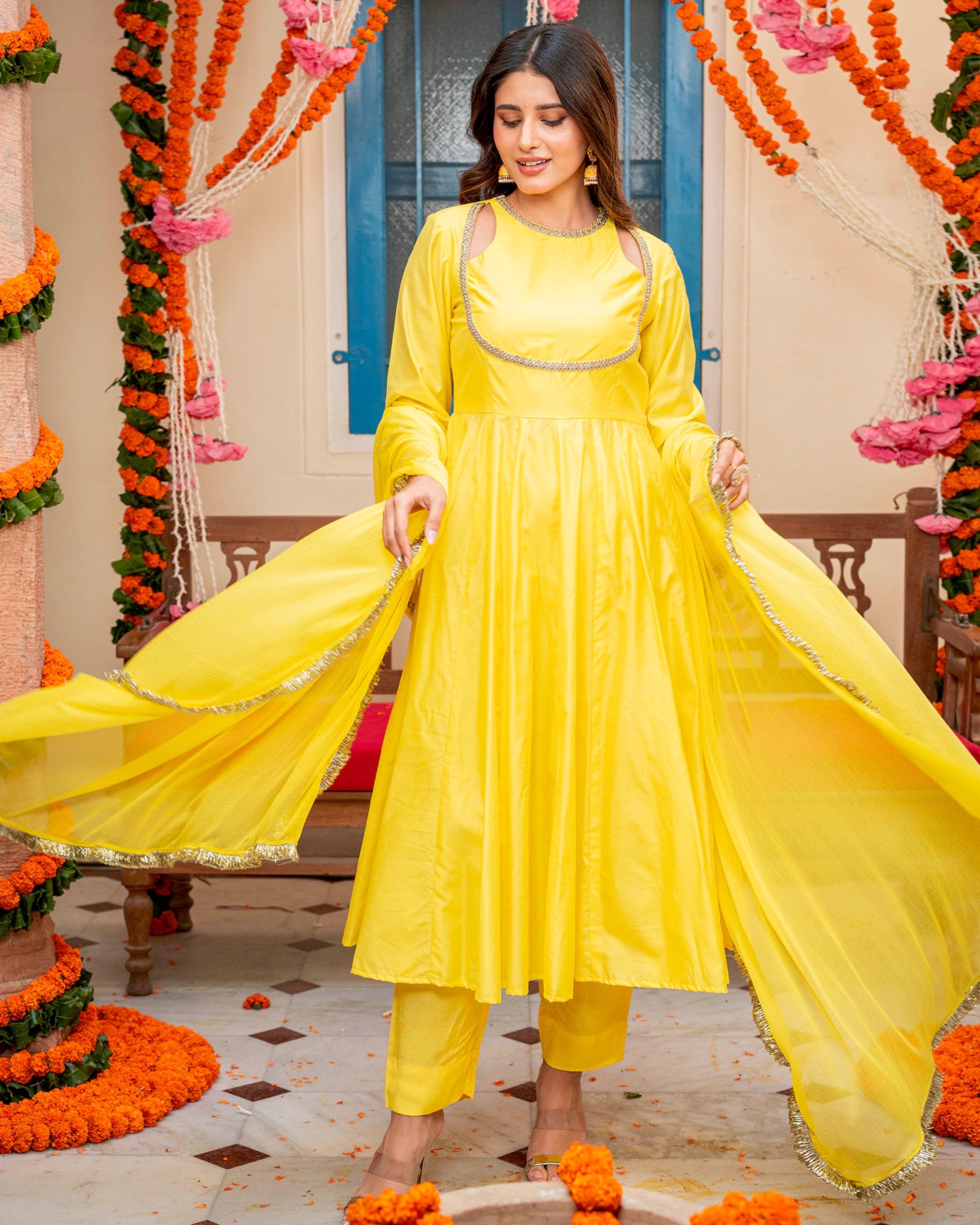 Yellow Chanderi Cut-Out Suit Set