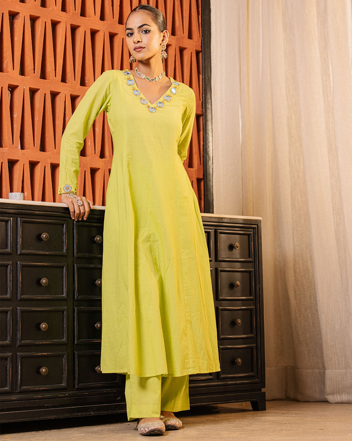 Parrot Green Mirror Work Kurta Set