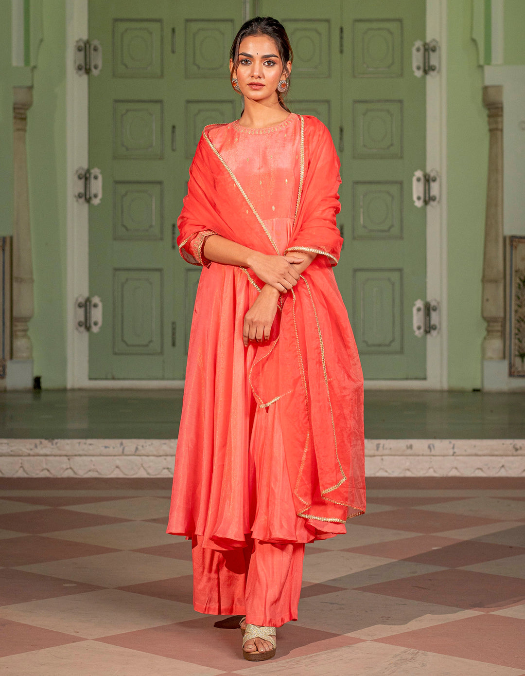 Salmon Pink Embroidered Suit Set