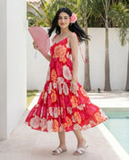 Red Animated Floret Tiered Dress