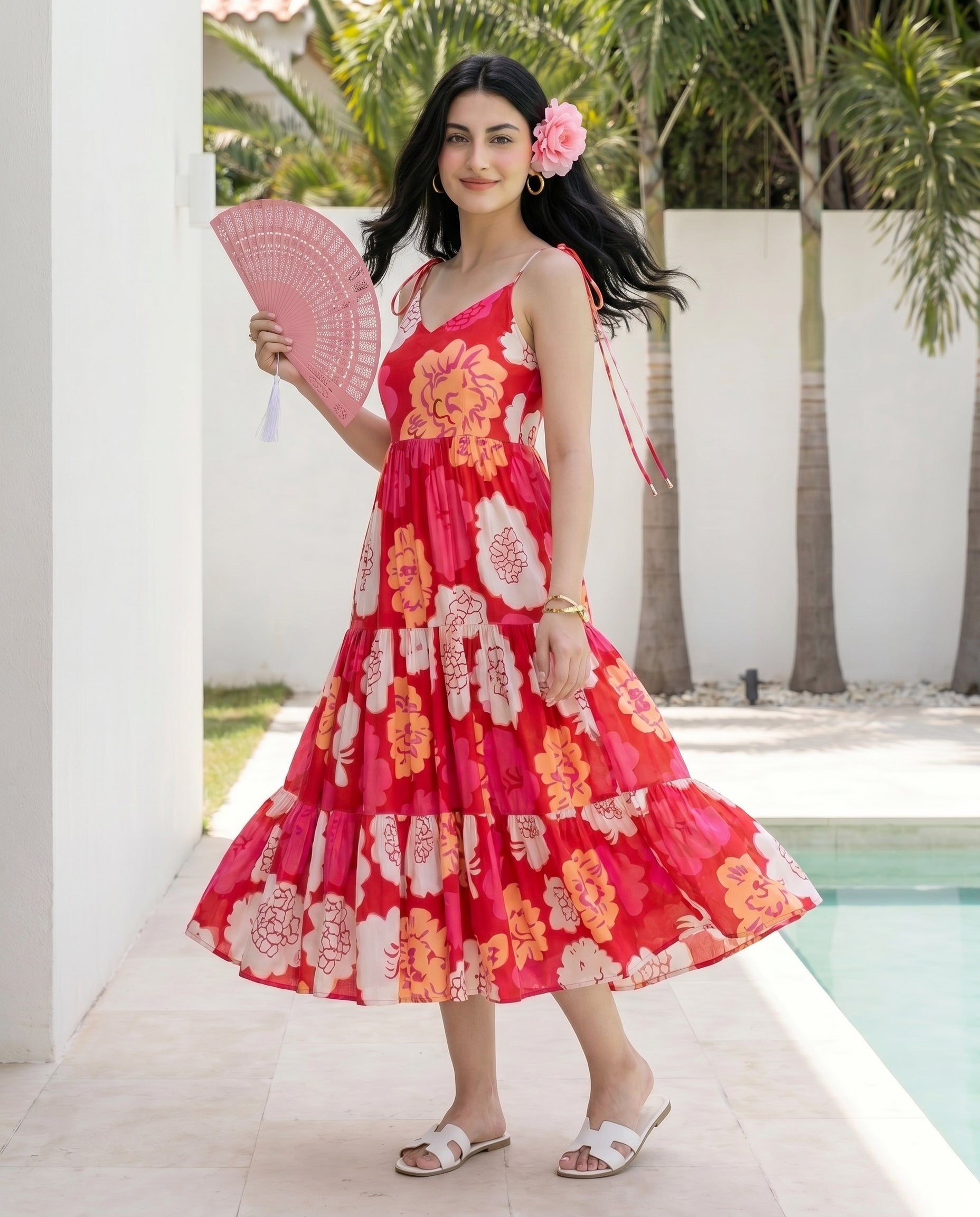 Red Animated Floret Tiered Dress