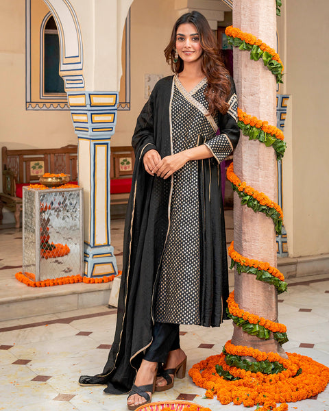 Buy Black Self Embroidered Suit Set Online in india