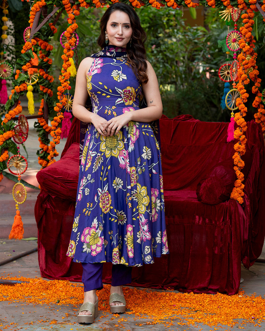Purple Floral-Stroked Suit Set
