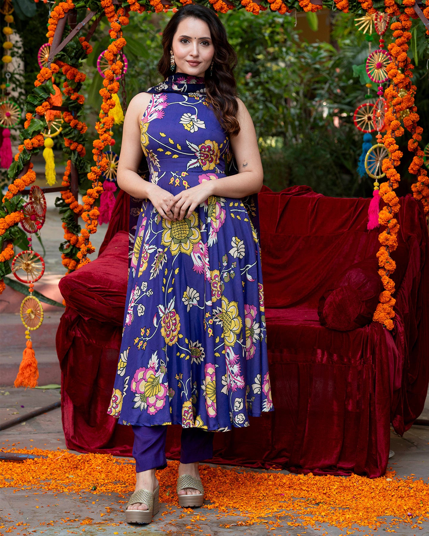 Purple Floral-Stroked Suit Set