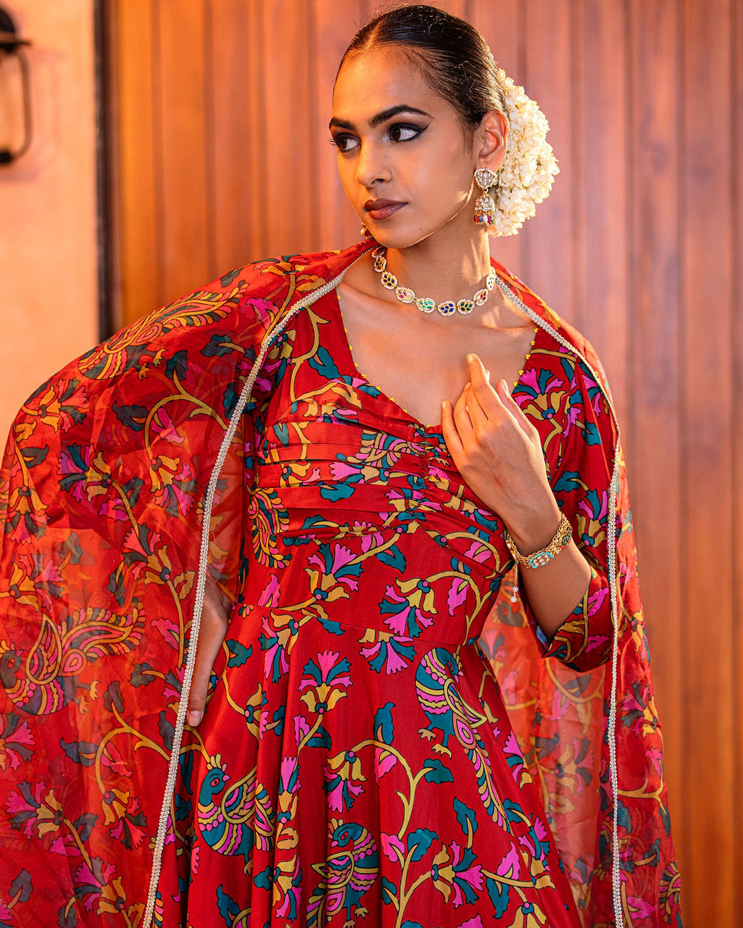 Red Floral Muslin Suit Set