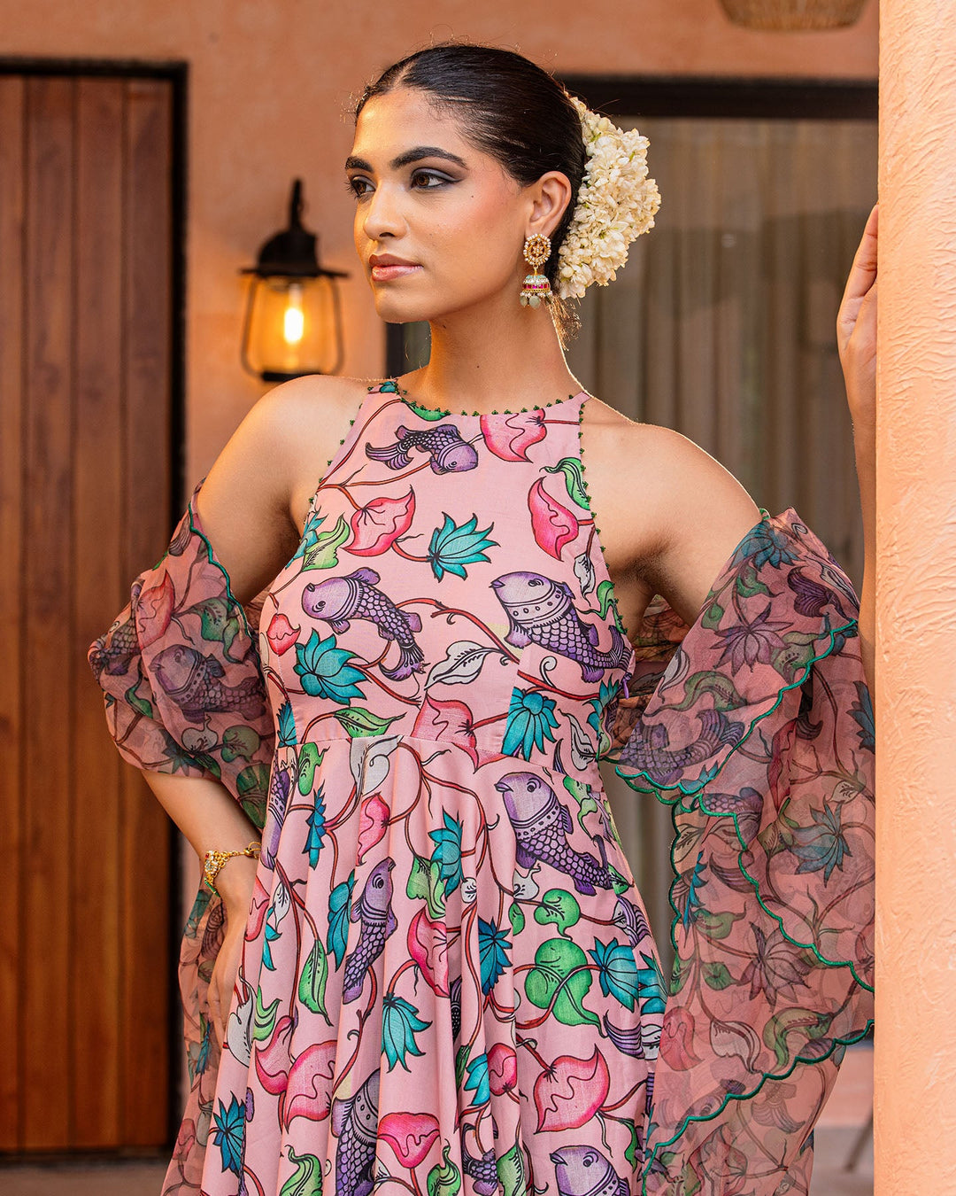 Peach Floral Muslin Suit Set 