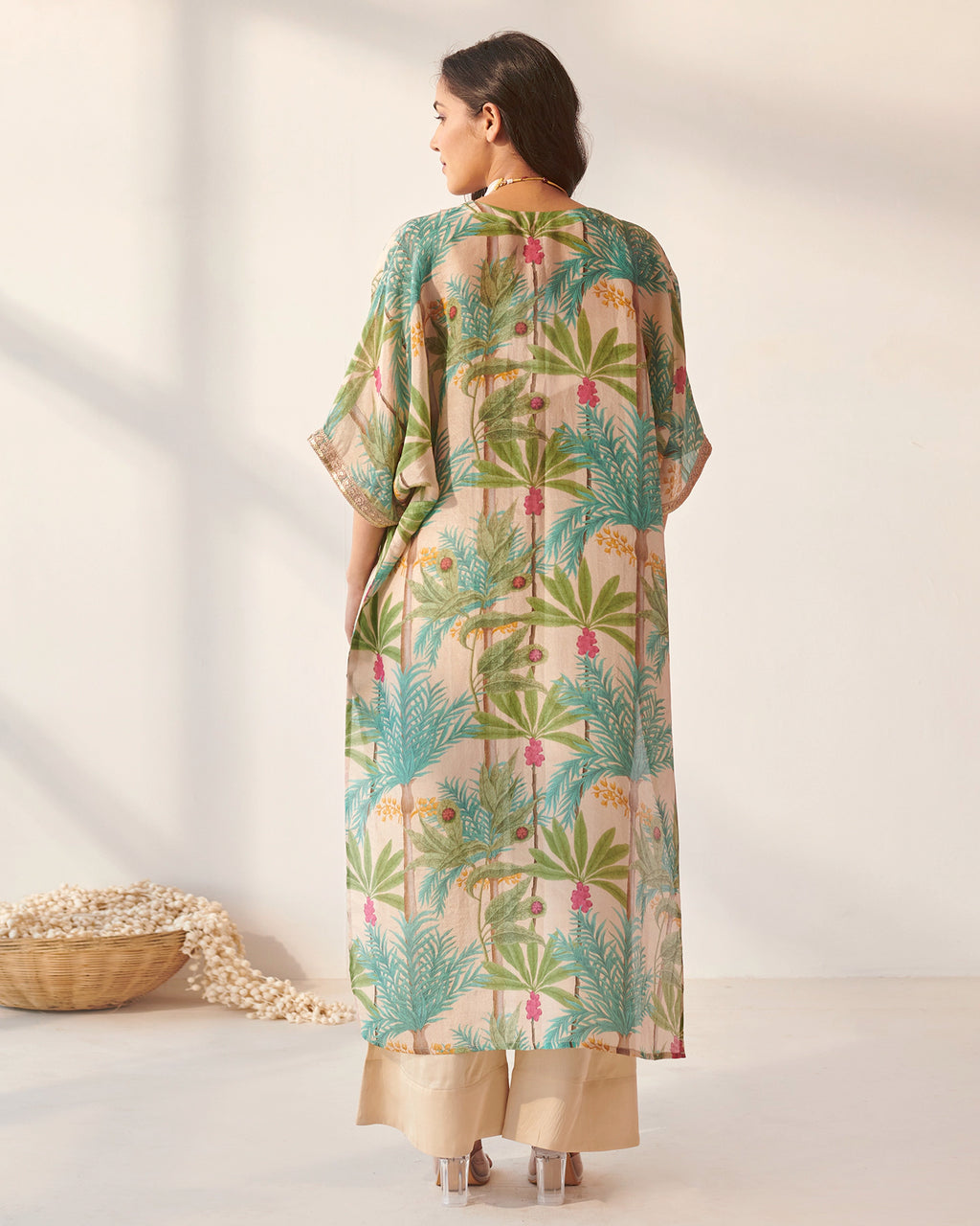 Off White Foliage Print Kaftan Set