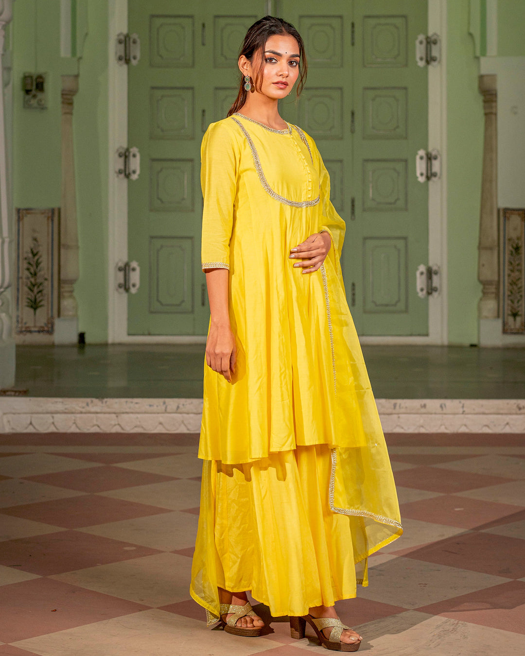 Yellow Kalidaar Chanderi Suit Set