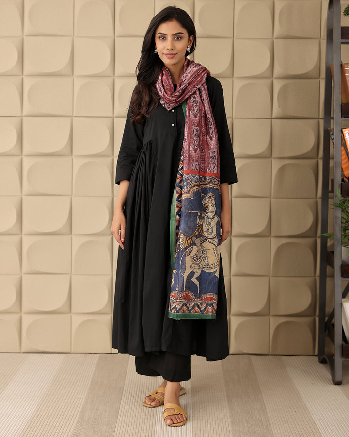 BLACK A-LINE KURTA- SILK DUPATTA SET