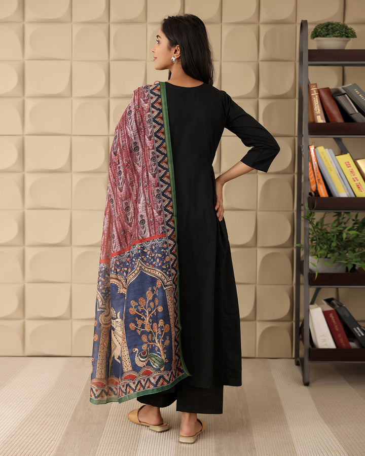 BLACK A-LINE KURTA- SILK DUPATTA SET