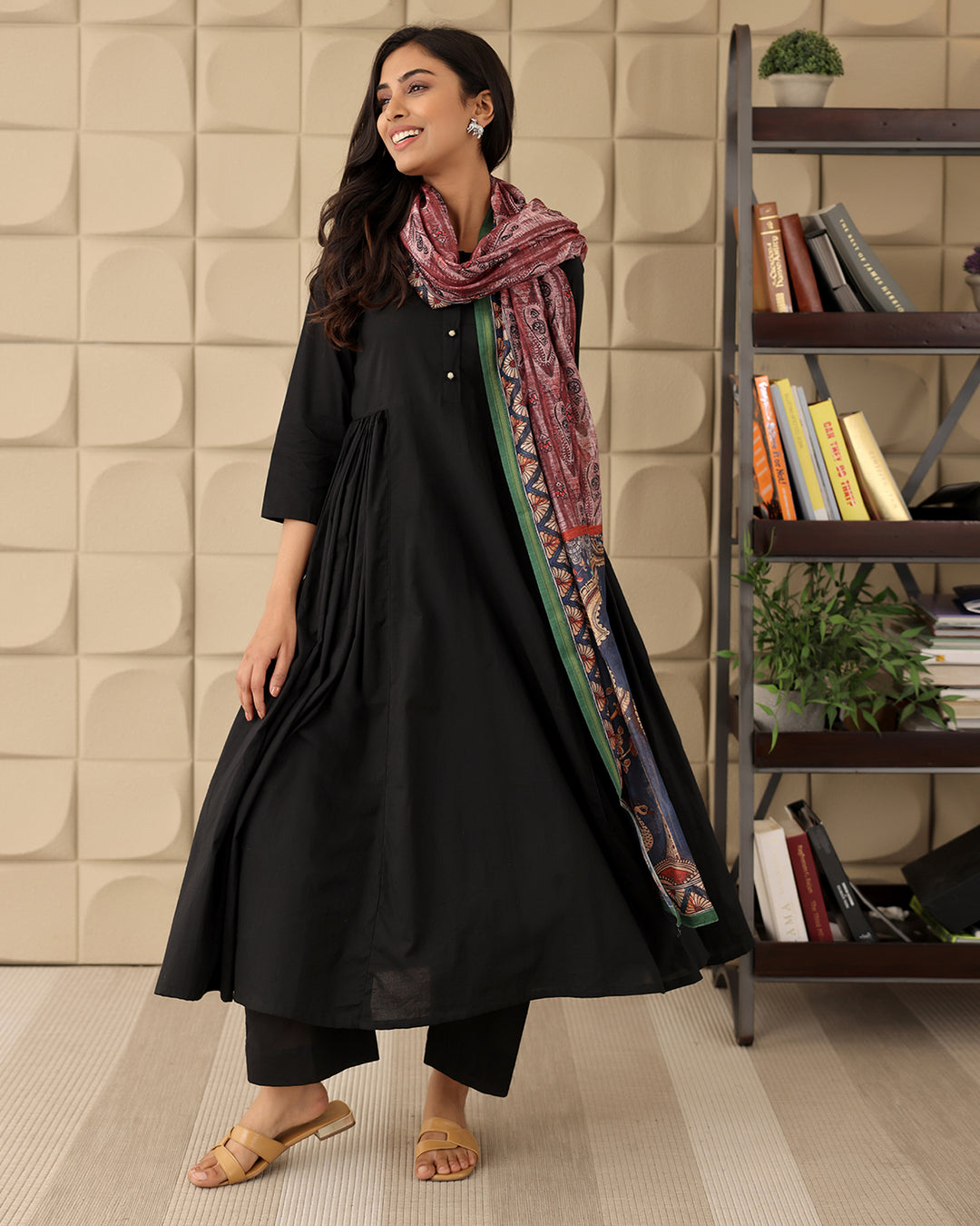 BLACK A-LINE KURTA- SILK DUPATTA SET