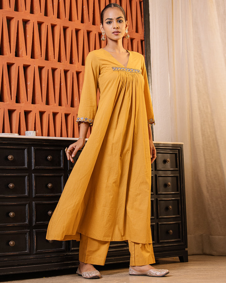 Mustard Mirror A-line Kurta Set