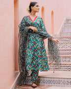 Green Floral Muslin Suit Set