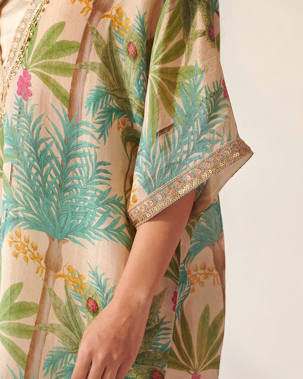 Off White Foliage Print Kaftan Set
