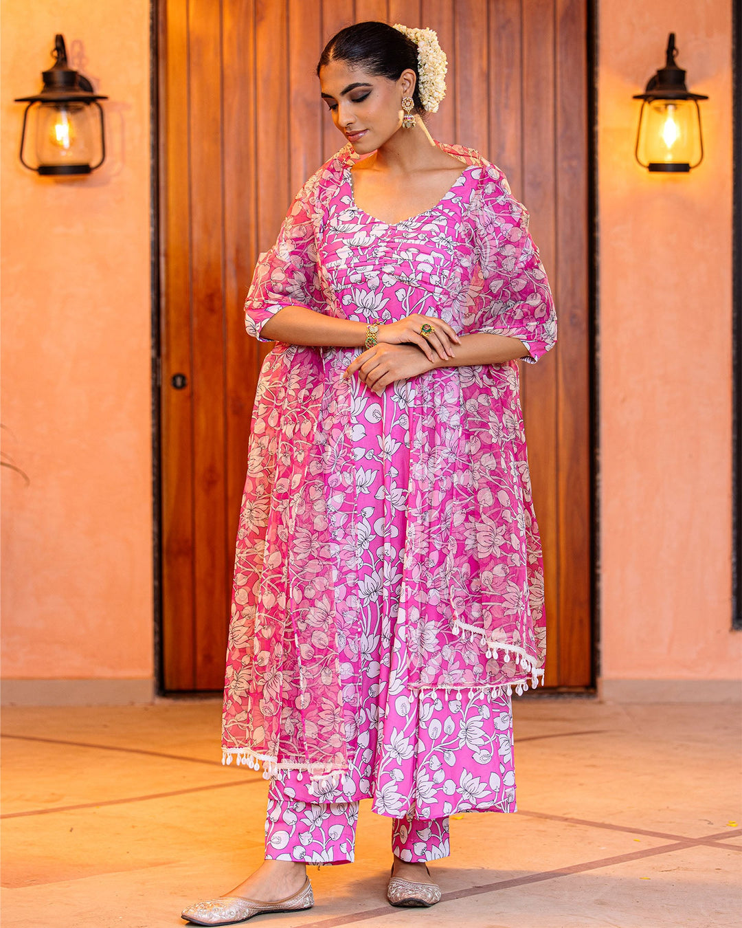 Pink Floral Muslin Suit Set
