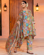 Orange Floral Muslin Suit Set
