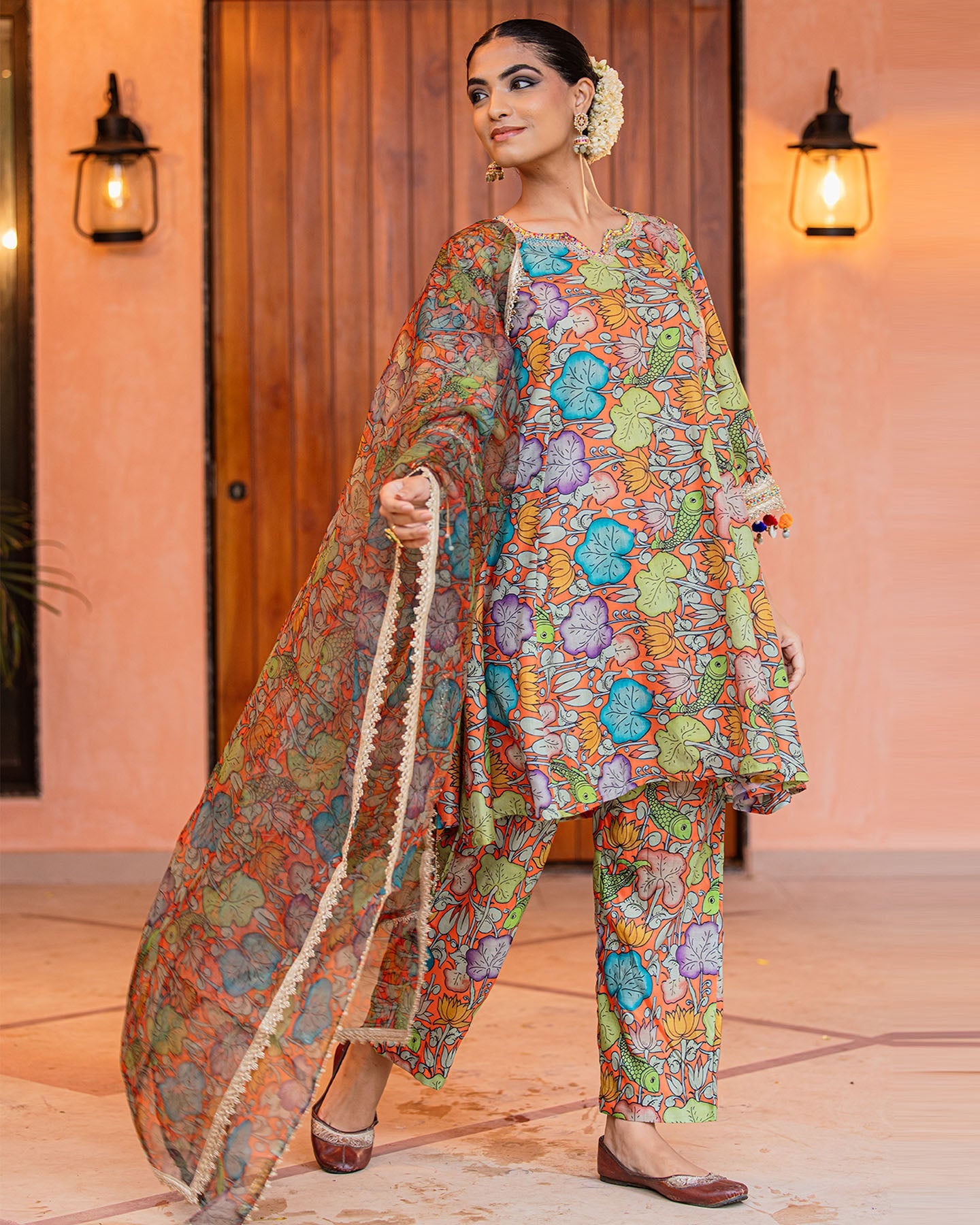 Orange Floral Muslin Suit Set
