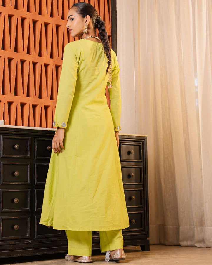 Parrot Green Mirror Work Kurta Set