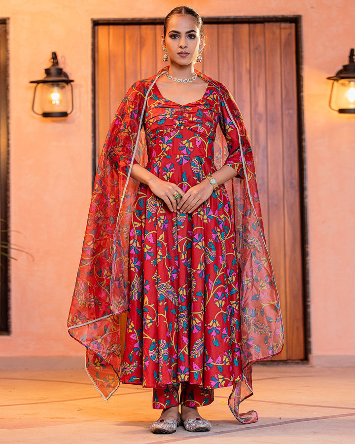 Red Floral Muslin Suit Set
