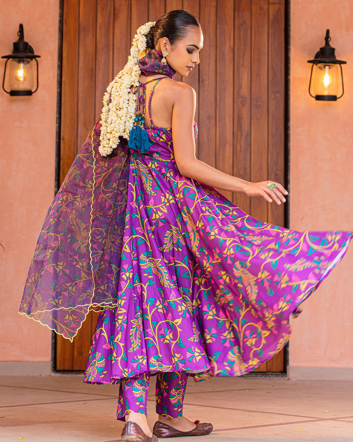 Purple Floral Muslin Suit Set