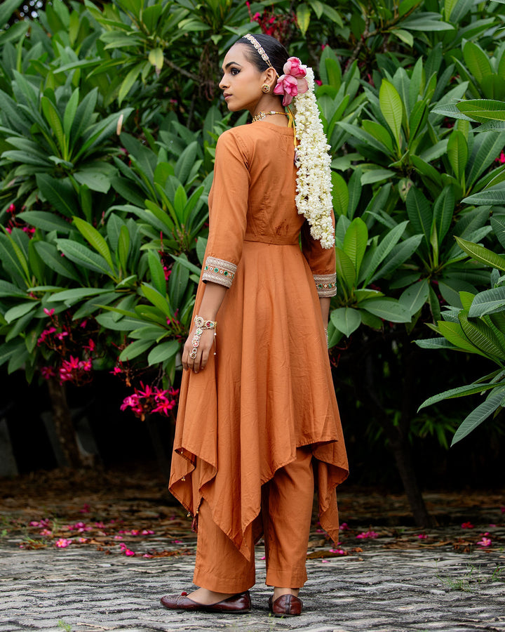 Rust Brown Mirror Work Kurta Set