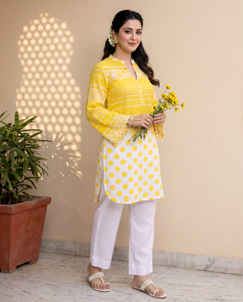 Yellow Stripe & Polka Kurta Set
