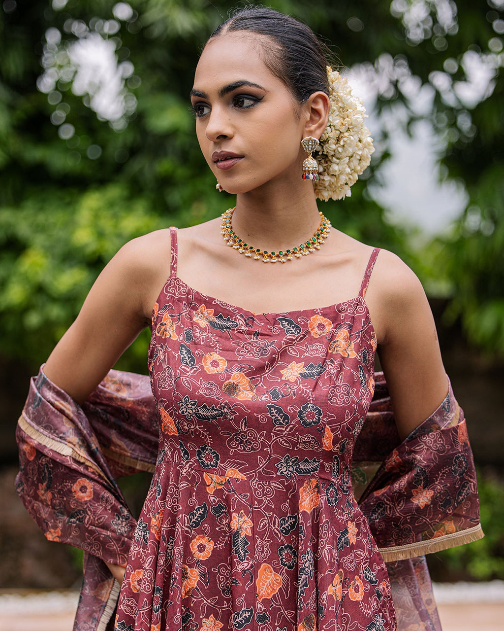 Brown Floral Muslin Suit Set