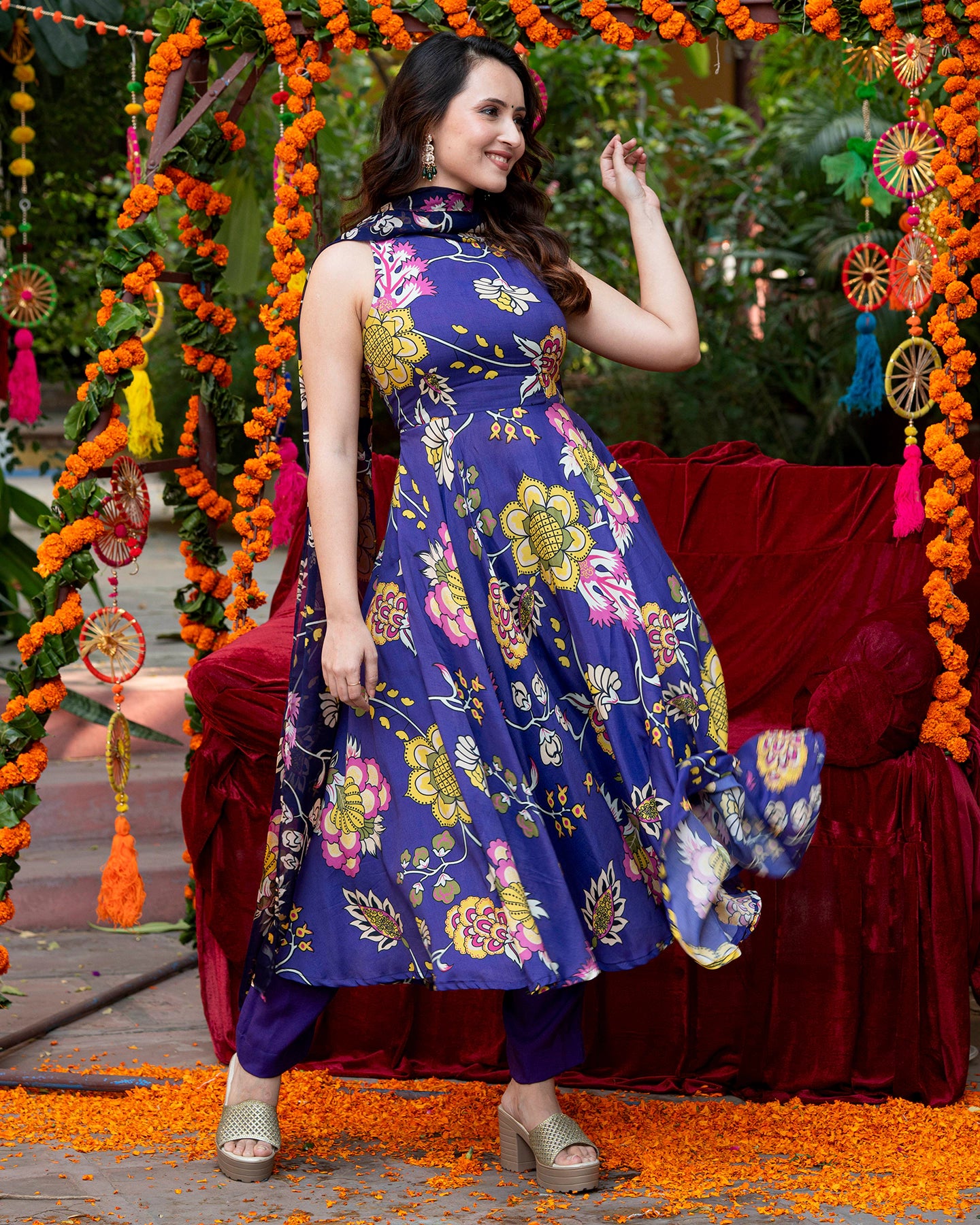 Purple Floral-Stroked Suit Set