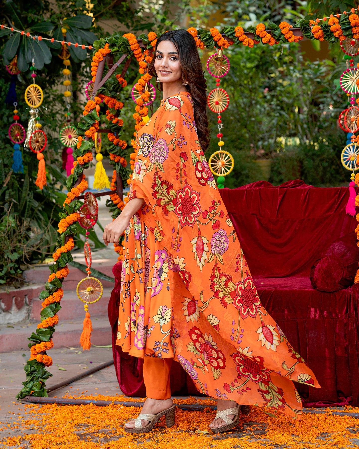 Orange Floral-Stroked Suit Set