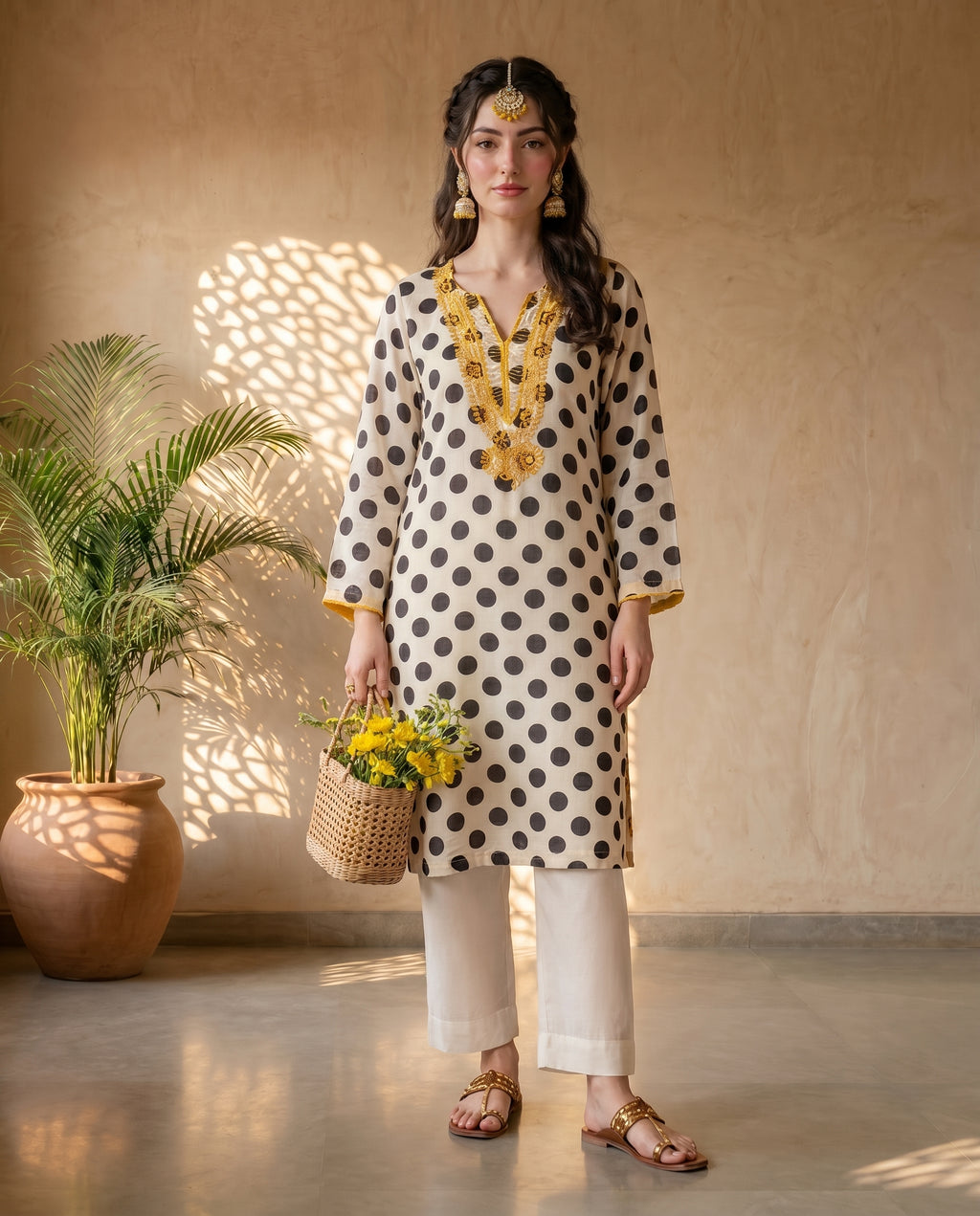 Off-White Polka Embroidered Kurta Set