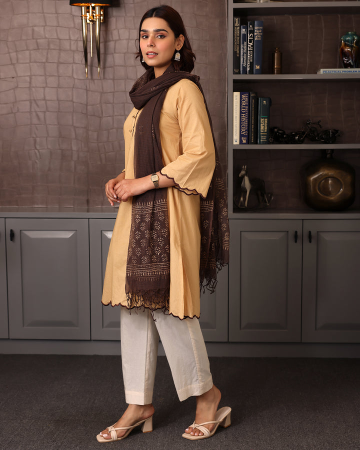 BEIGE COTTON KURTA-DUPATTA SET