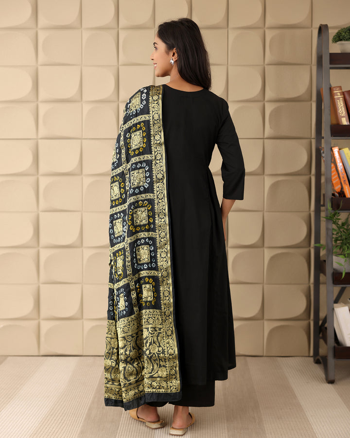 Black Cotton Kurta And Dupatta Set