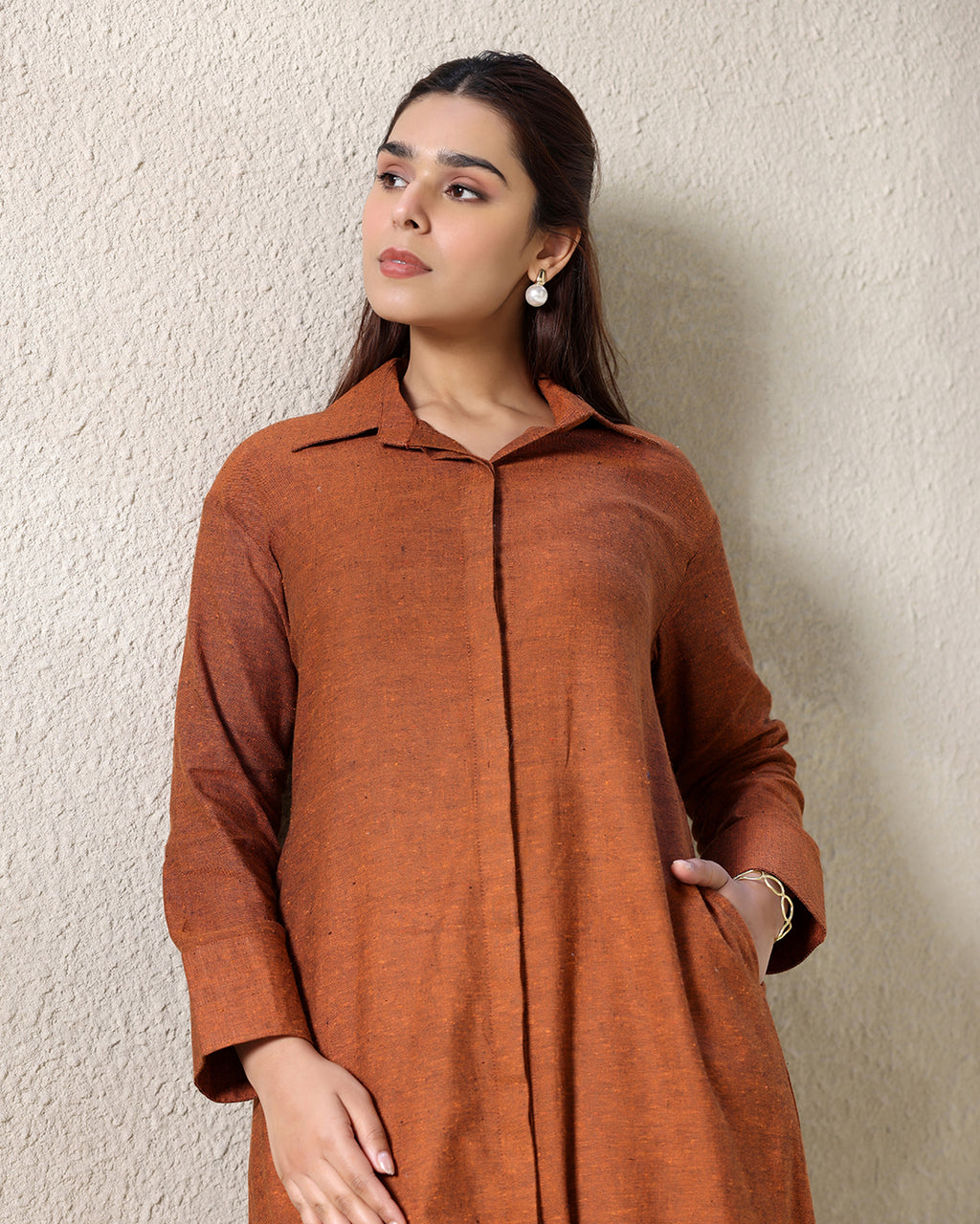 A-line Collar Brown Kurta Set