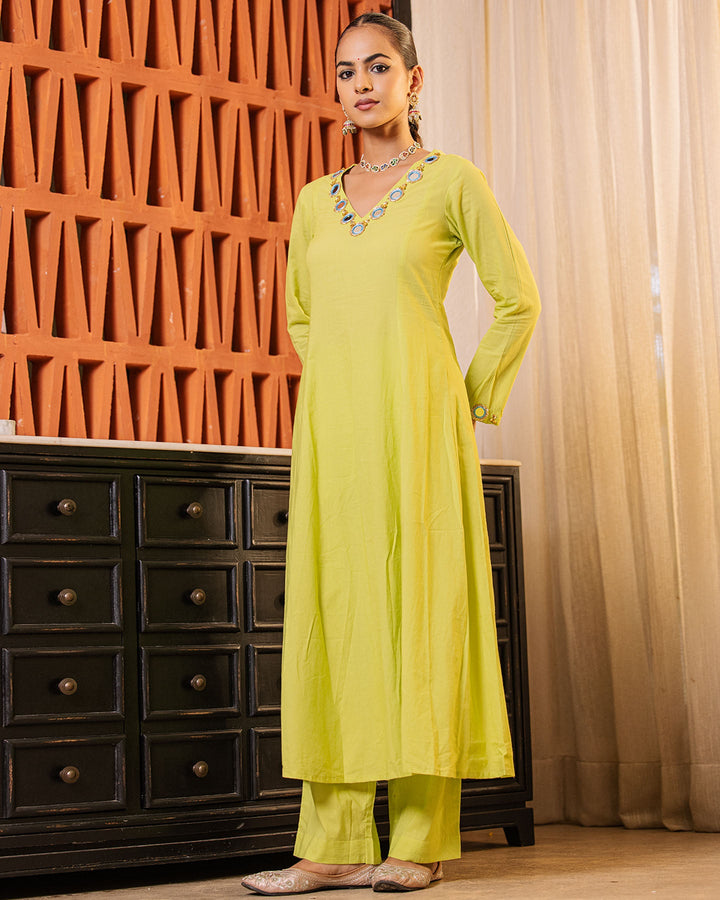 Parrot Green Mirror Work Kurta Set