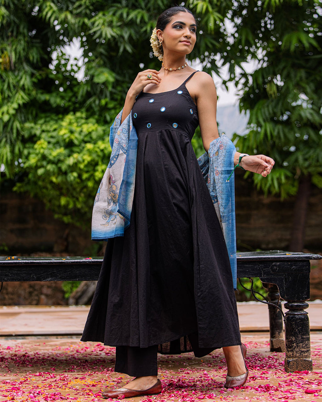 Black Suit & Blue Kalamkari Dupatta