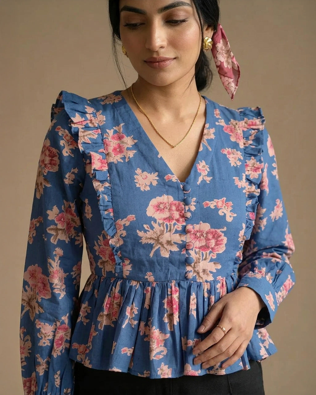 Blue Floral Peplum Top