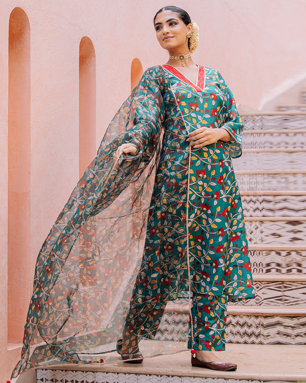 Green Floral Muslin Suit Set