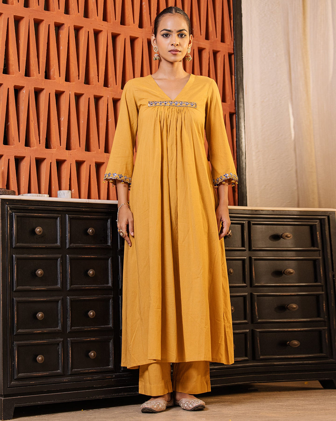 Mustard Mirror A-line Kurta Set